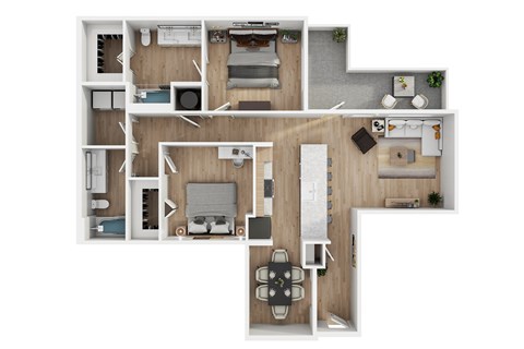 A top-down view of a small apartment with a kitchen, living room, and bedroom.